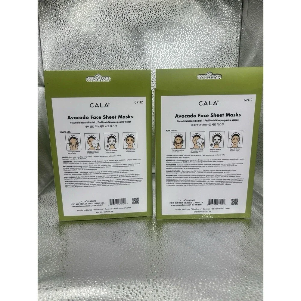 CALA Avocado Face Sheet Masks 2 Pack 10 Sheets Hydrating Hyaluronic Korean